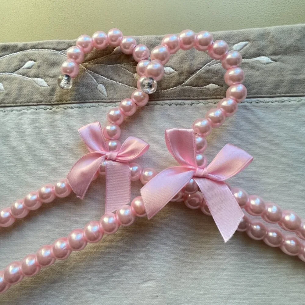New Set of 2 Pink Pearl Hangers with Satin Bow Ribbon Clothing Glam Girlie